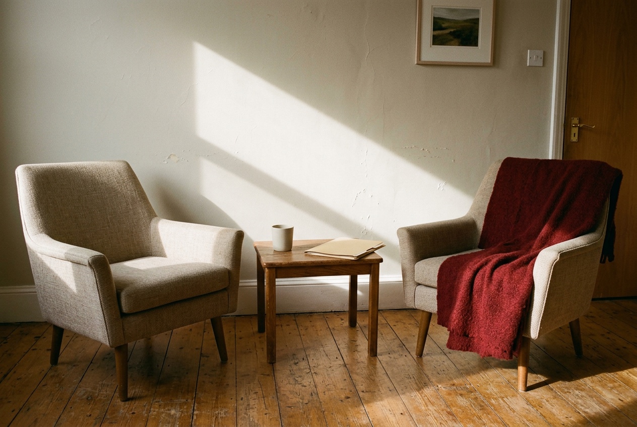 A consultation room in warm afternoon light, hard sun falling across a plaster wall